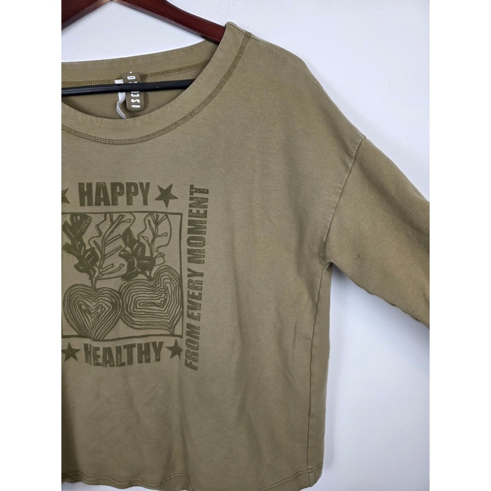 ISCHIKO Women's Olive Green Long Sleeve Graphic‎ Tee Size 8/10 Happy Healthy - Picture 3 of 8